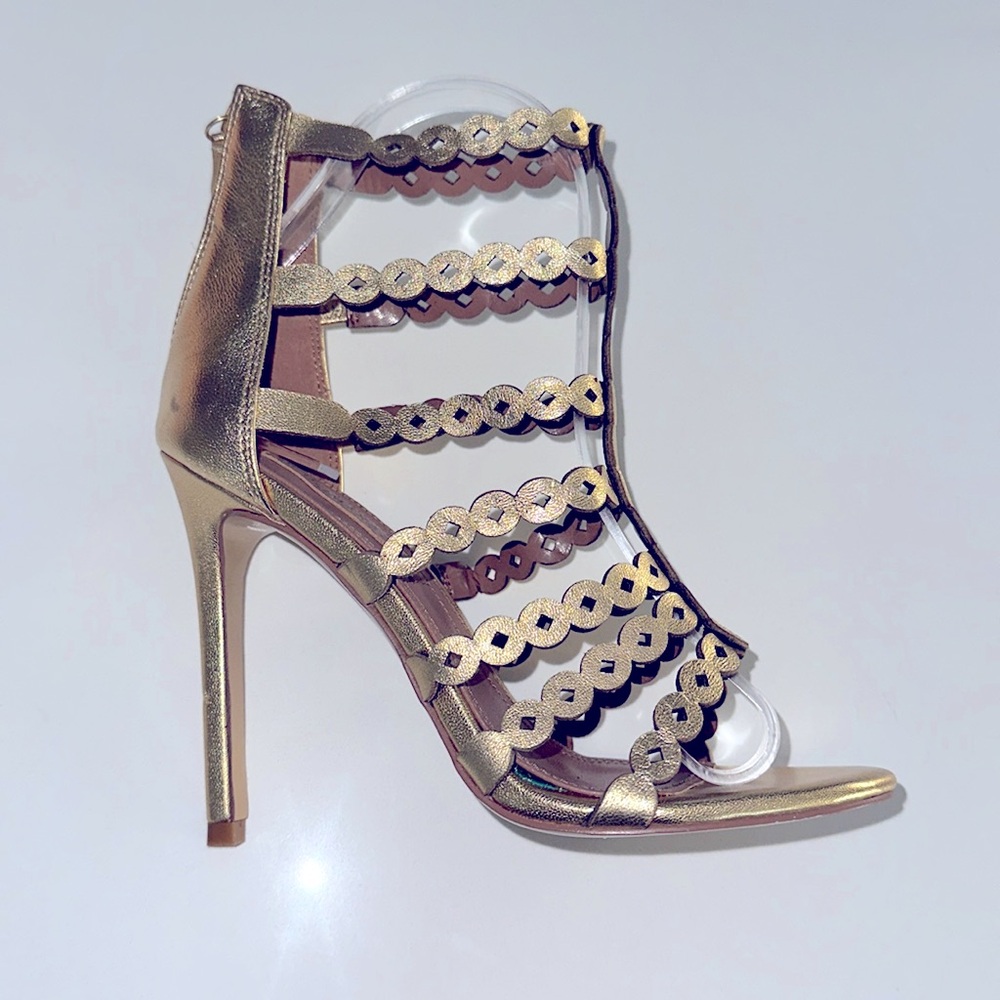 *Sample* BCBG Max Azria gold leather cage stiletto sandals 37